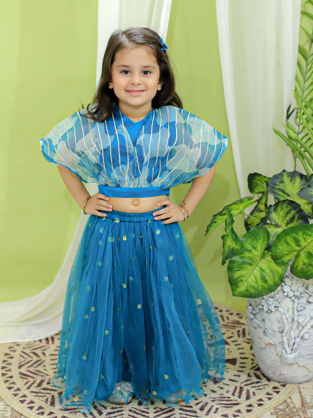 BownBee Organza Cape Top with Sequined Net Lehenga for Girls- Blue