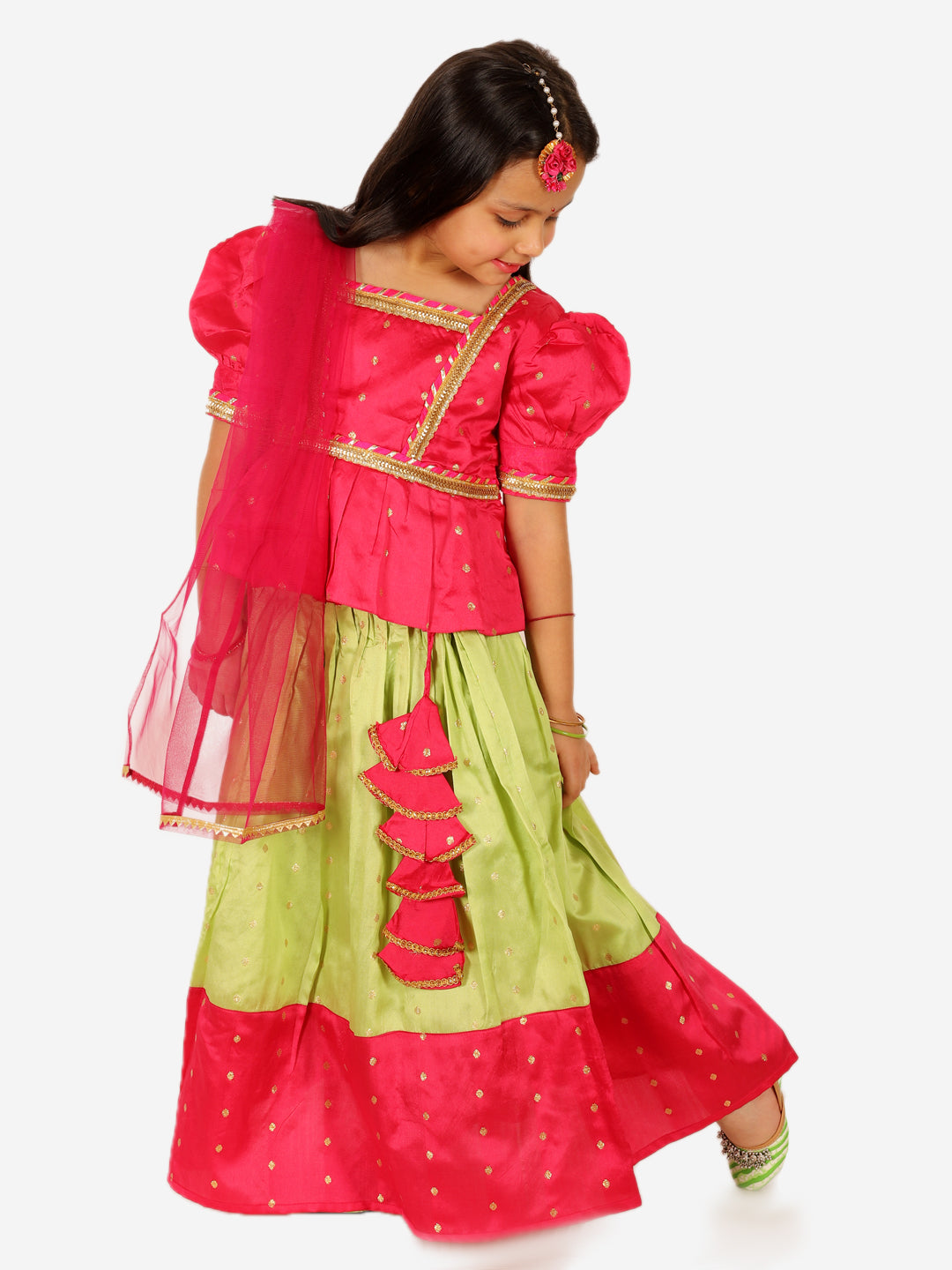 BownBee Puff Sleeve Pink Top Lehenga with Dupatta for Girls and Full Sleeve Festive Dhoti Kurta for Boys- Green