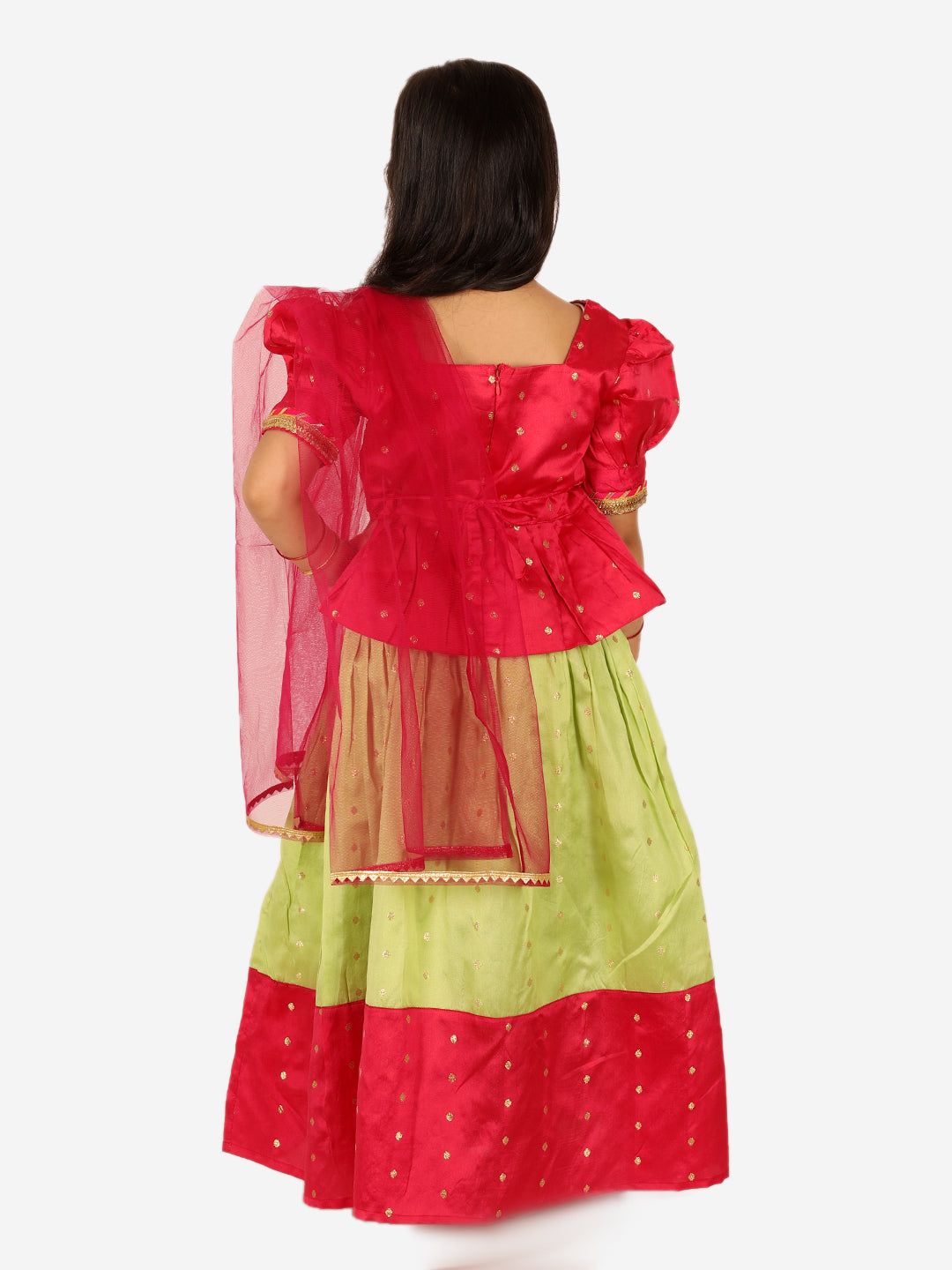 BownBee Sibling Set Full Sleeve Festive Dhoti Kurta for Boys- Green Puff Sleeve Top Lehenga with Dupatta for Girls- Pink
