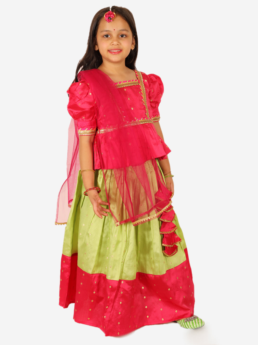 BownBee Sibling Set Full Sleeve Festive Dhoti Kurta for Boys- Green Puff Sleeve Top Lehenga with Dupatta for Girls- Pink