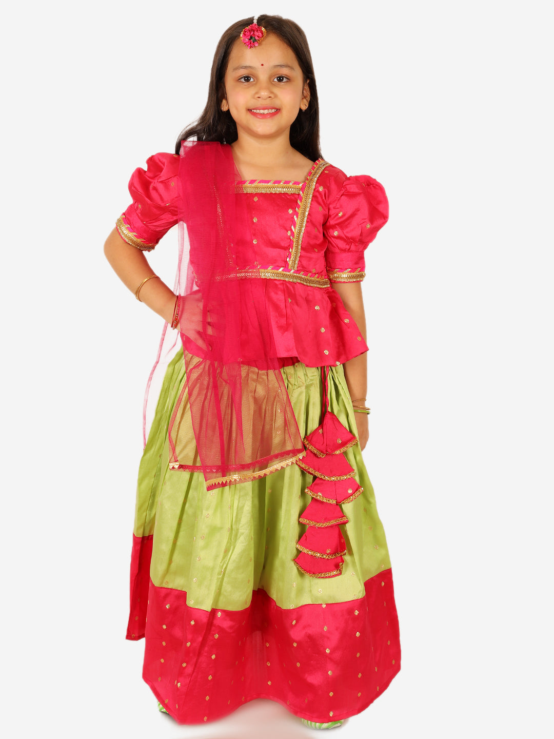 BownBee Sibling Set Full Sleeve Festive Dhoti Kurta for Boys- Green Puff Sleeve Top Lehenga with Dupatta for Girls- Pink