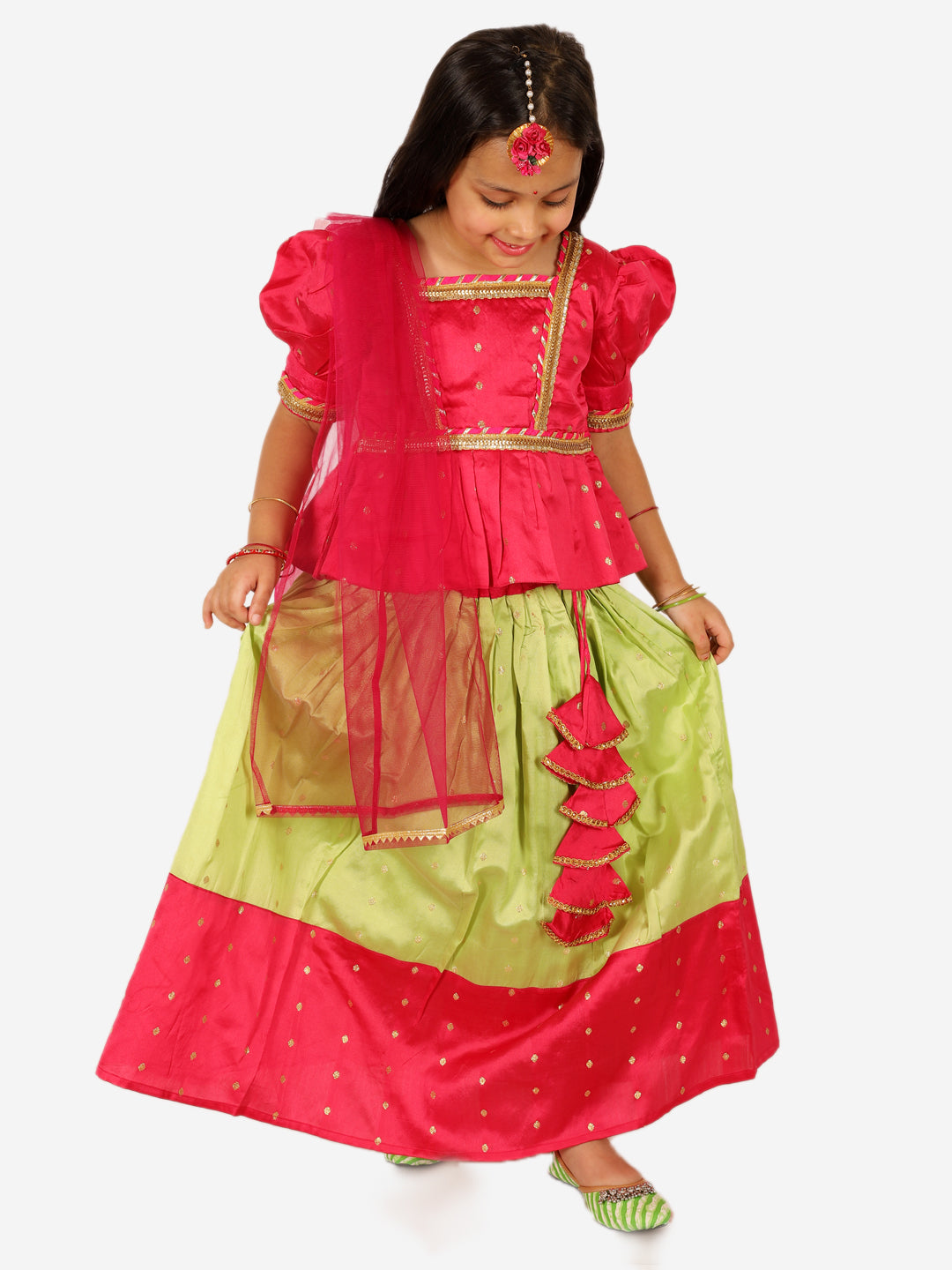 BownBee Sibling Set Full Sleeve Festive Dhoti Kurta for Boys- Green Puff Sleeve Top Lehenga with Dupatta for Girls- Pink