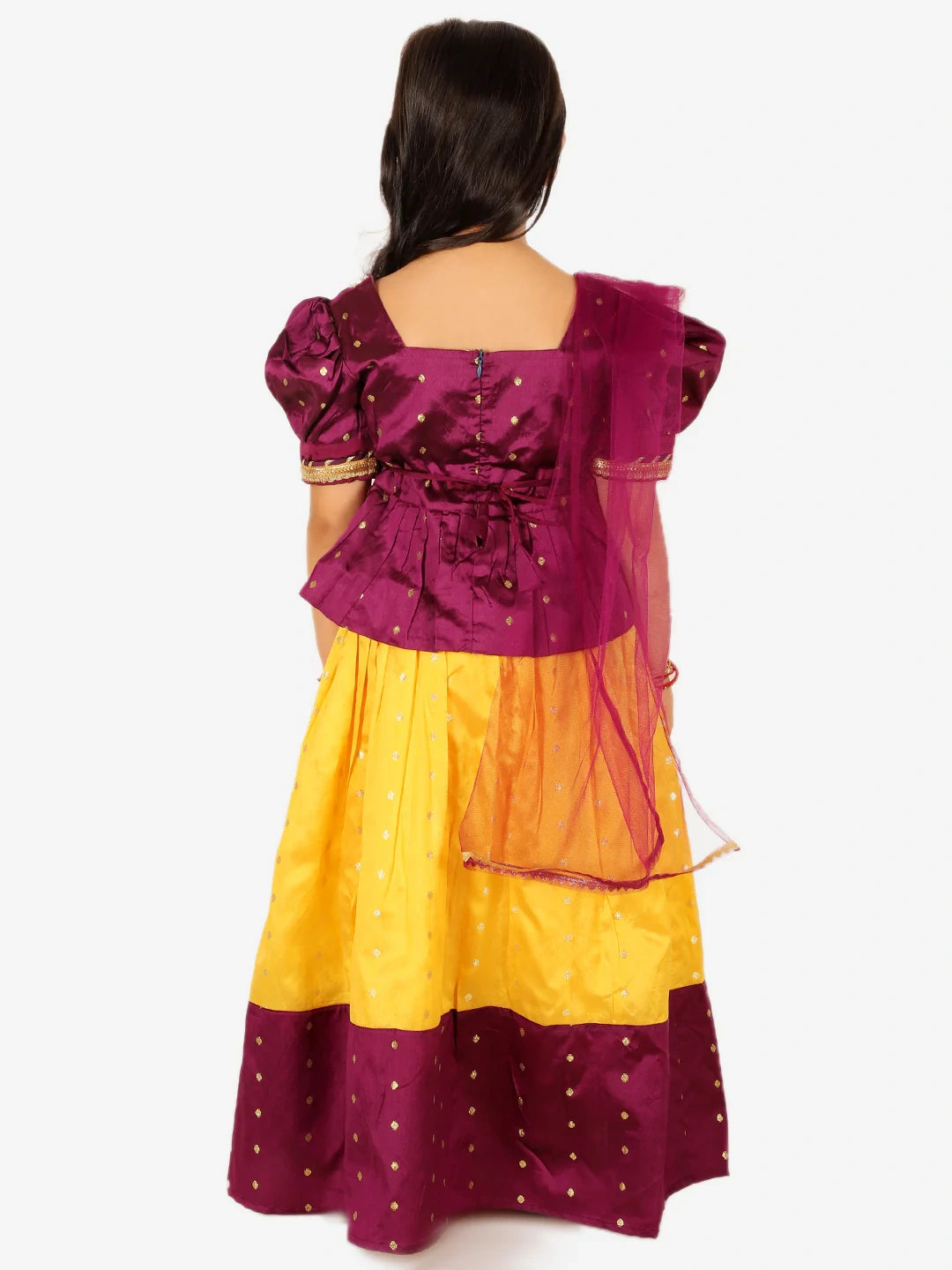 BownBee Taffeta Silk Puff Sleeve Top Lehenga with Dupatta for Girls
