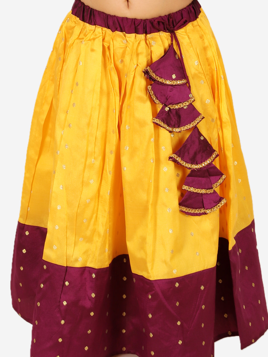 BownBee Sibling Set Full Sleeve Festive Dhoti Kurta for Boys- Yellow Puff Sleeve Top Lehenga with Dupatta for Girls- Purple