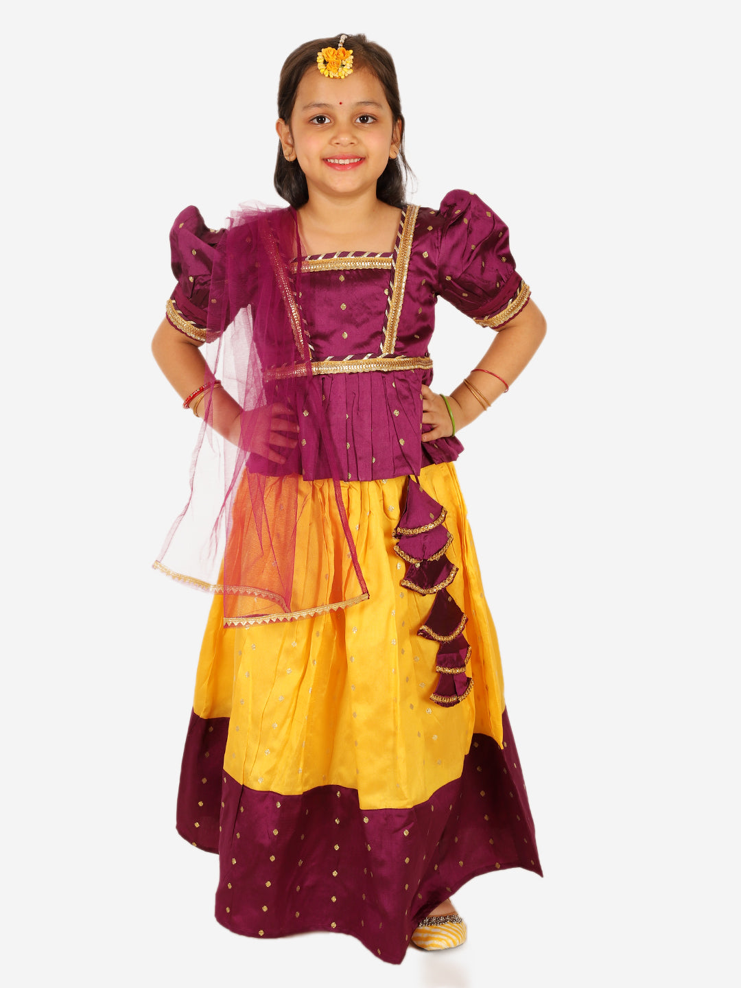 BownBee Sibling Set Full Sleeve Festive Dhoti Kurta for Boys- Yellow Puff Sleeve Top Lehenga with Dupatta for Girls- Purple