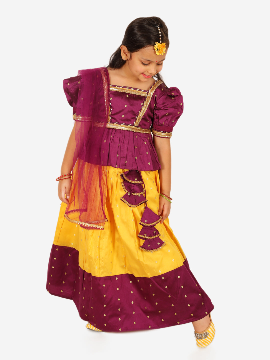 BownBee Sibling Set Full Sleeve Festive Dhoti Kurta for Boys- Yellow Puff Sleeve Top Lehenga with Dupatta for Girls- Purple
