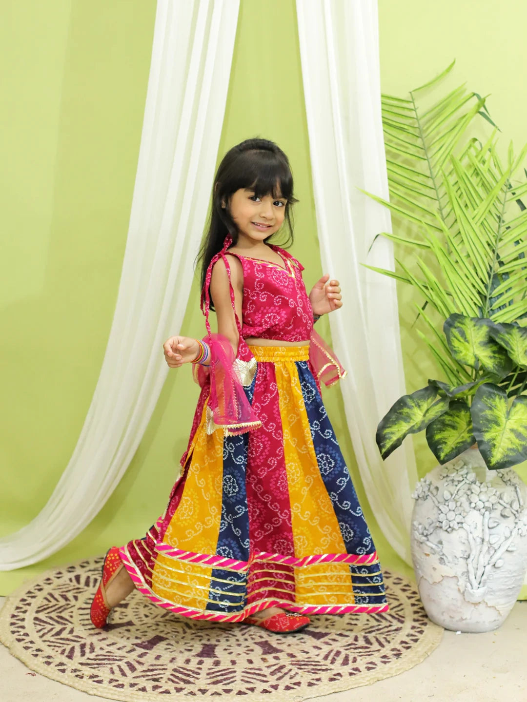 BownBee Bandhani Kali Lehenga with Choli and Dupatta for Girls