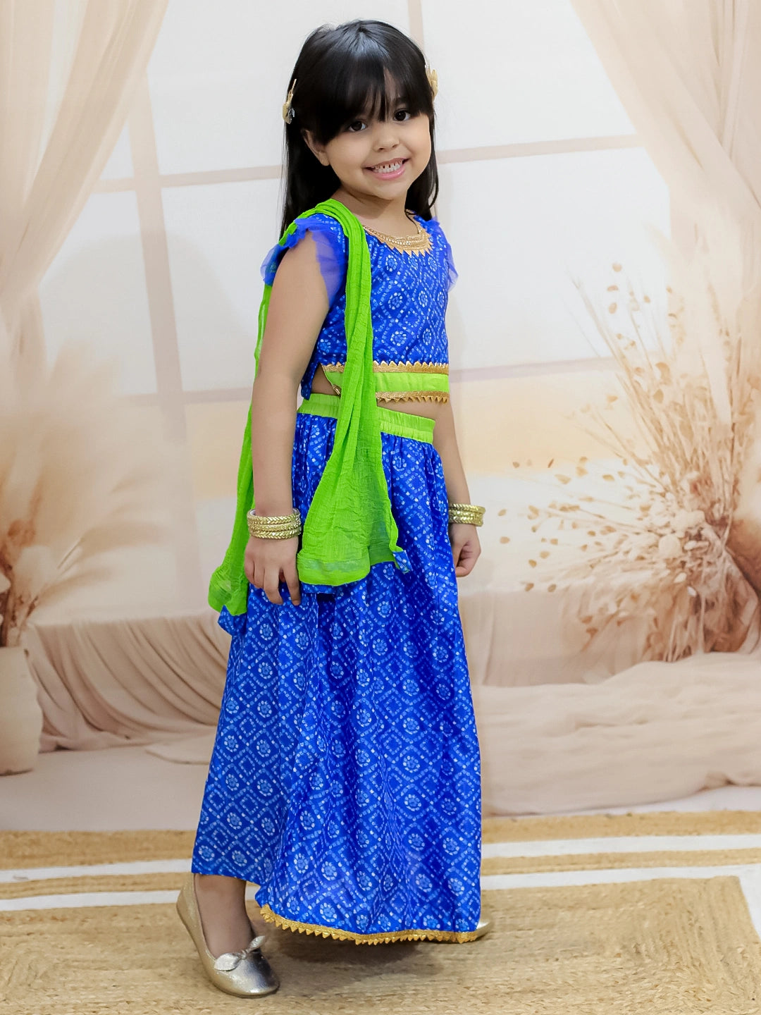 BownBee Bandhani Net pleated Sleeves Lehenga with Dupatta For Girls