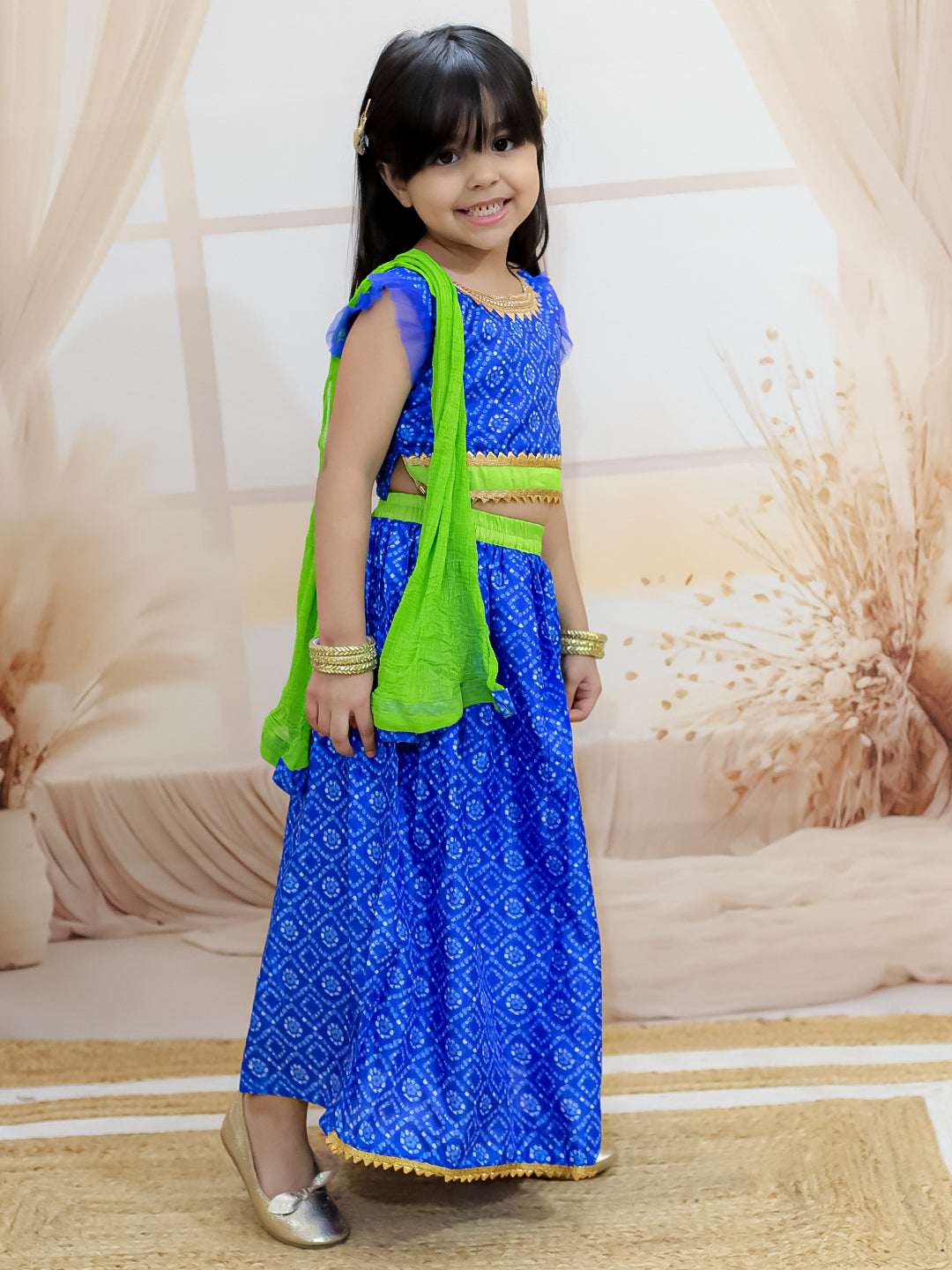 BownBee Bandhani Net pleated Sleeves Lehenga with Dupatta For Girls- Blue