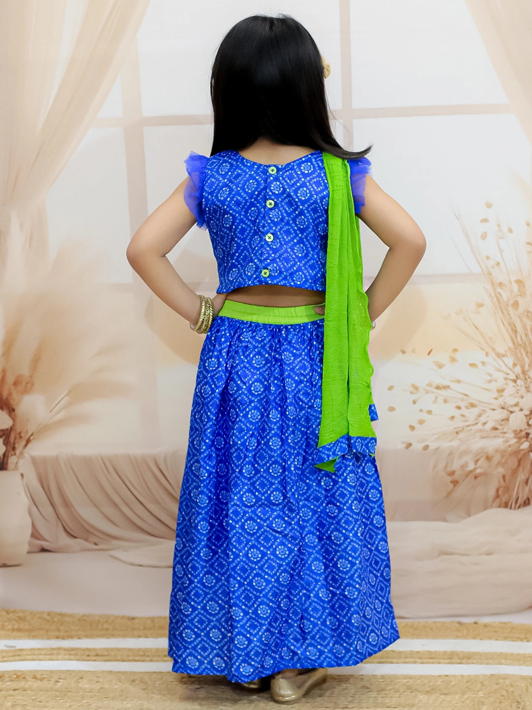 BownBee Bandhani Net pleated Sleeves Lehenga with Dupatta For Girls