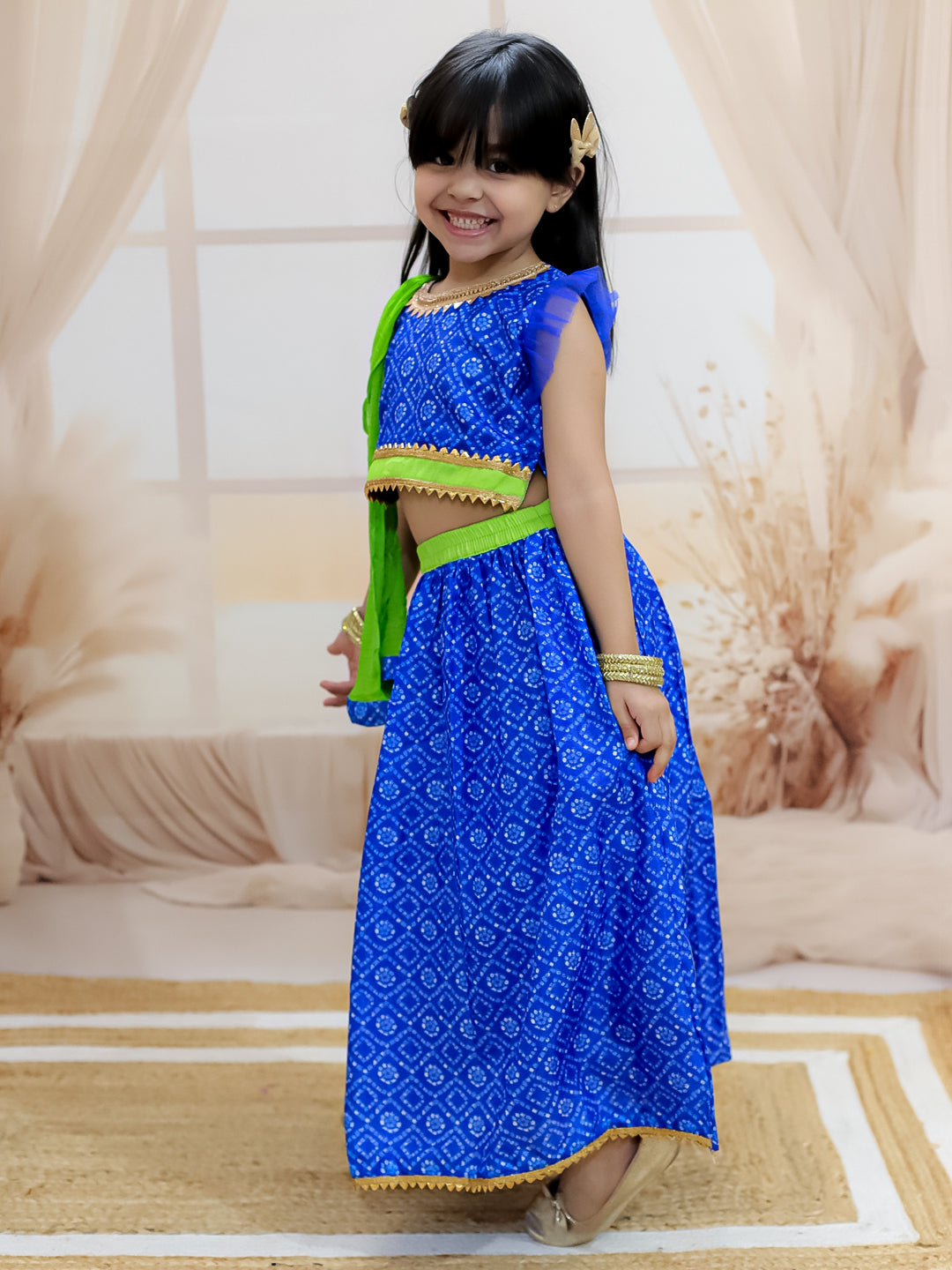 BownBee Bandhani Net pleated Sleeves Lehenga with Dupatta For Girls- Blue