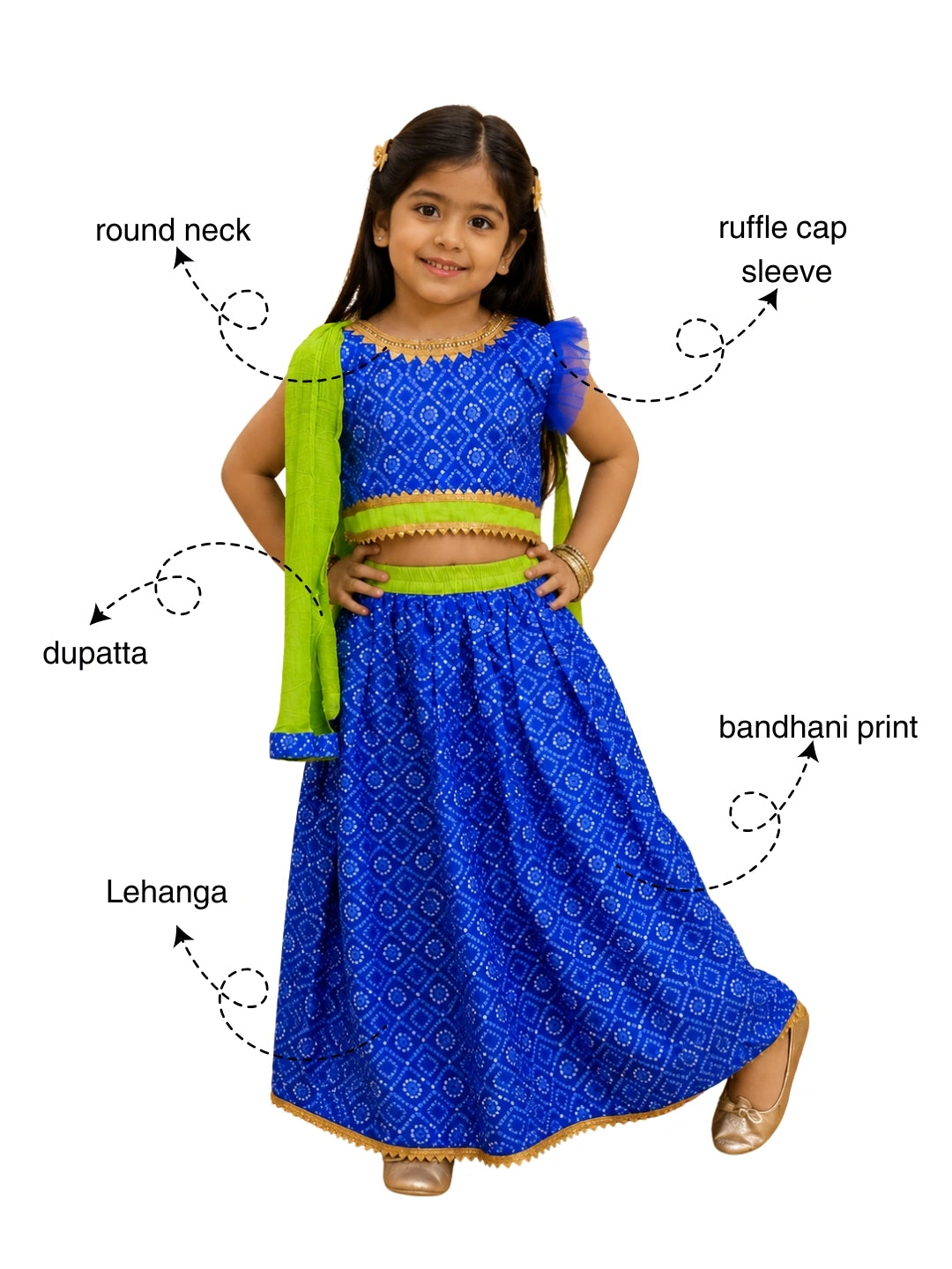 BownBee Bandhani Net pleated Sleeves Lehenga with Dupatta For Girls