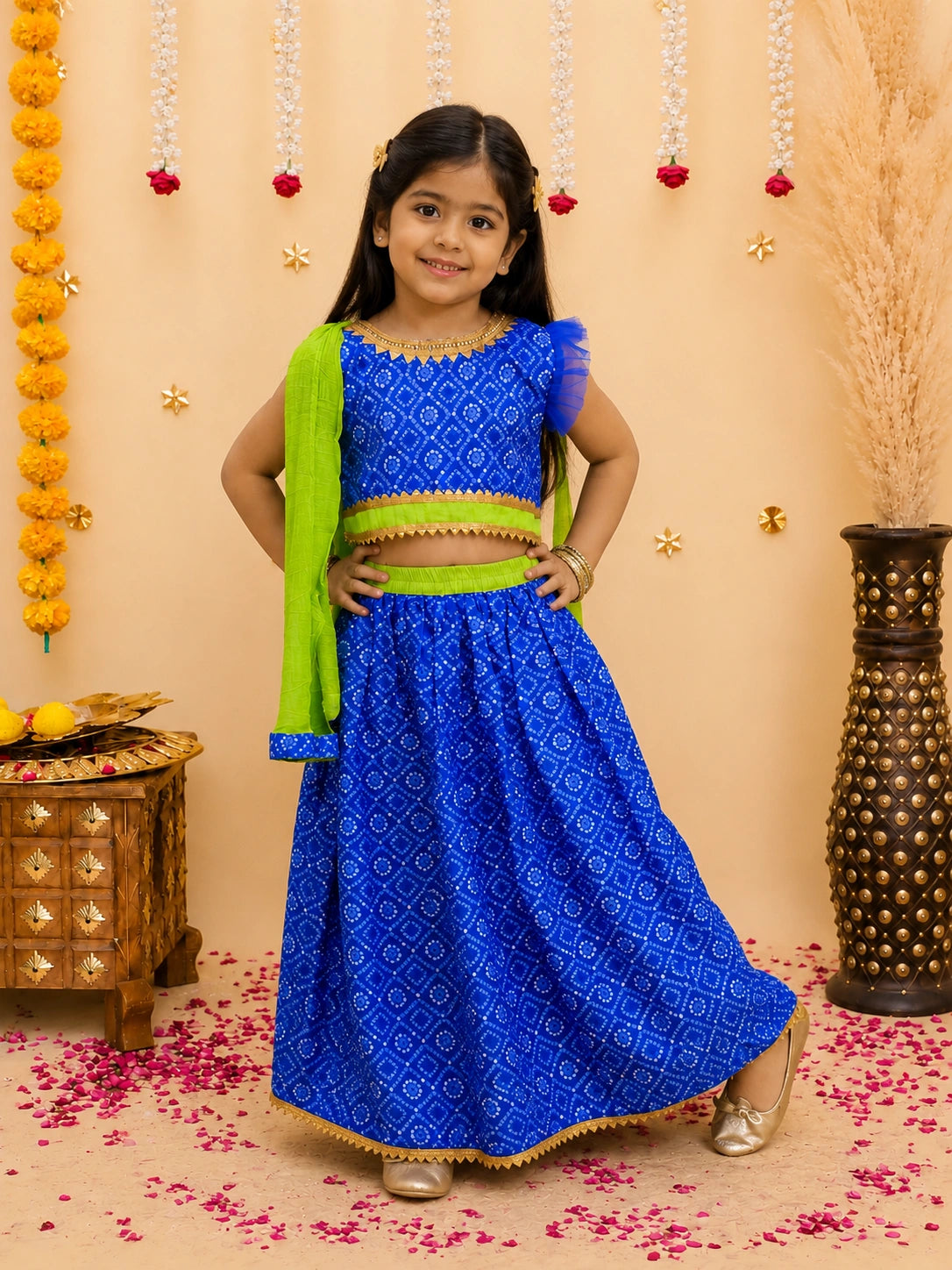 BownBee Bandhani Net pleated Sleeves Lehenga with Dupatta For Girls