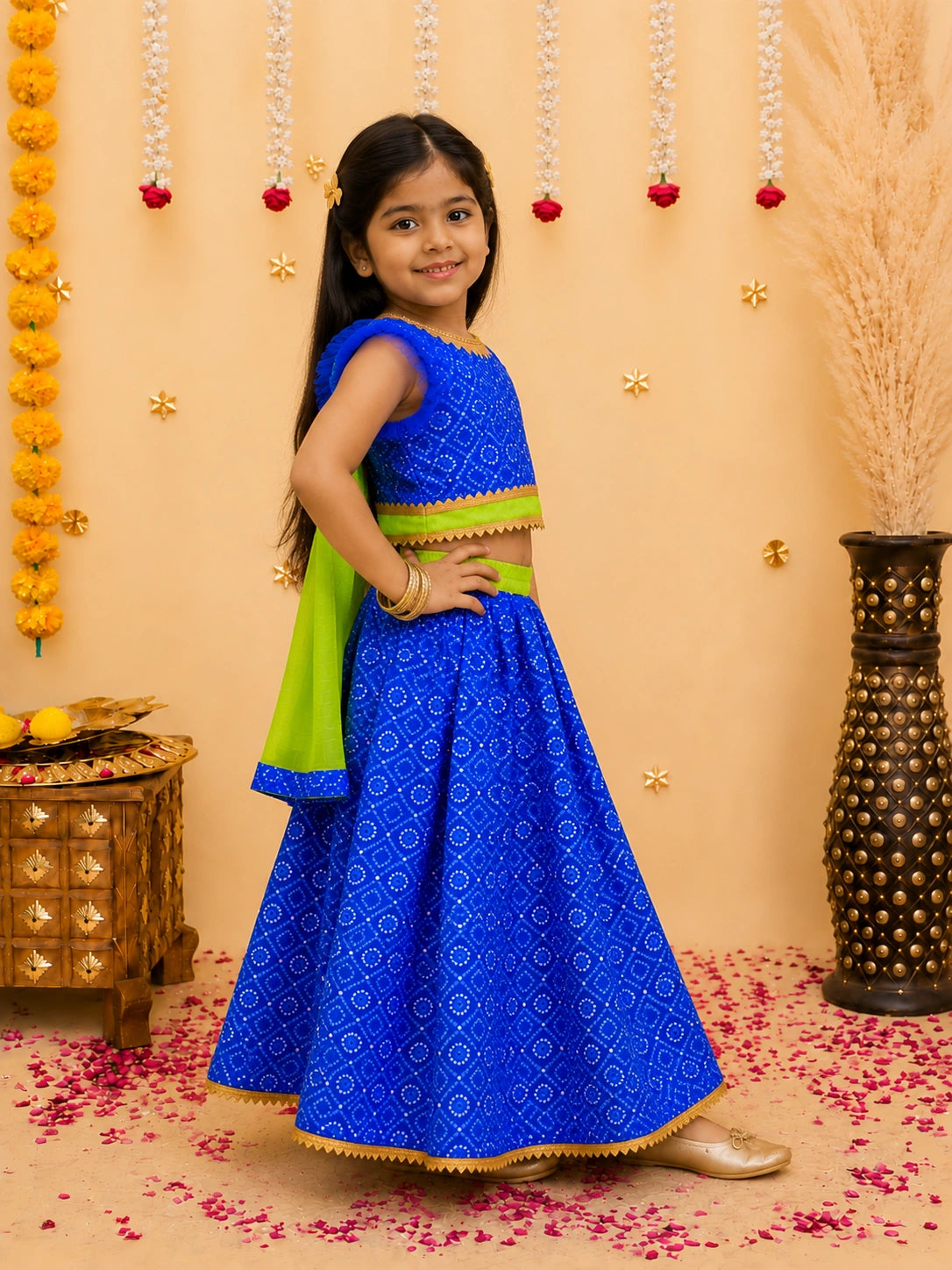 BownBee Bandhani Net pleated Sleeves Lehenga with Dupatta For Girls