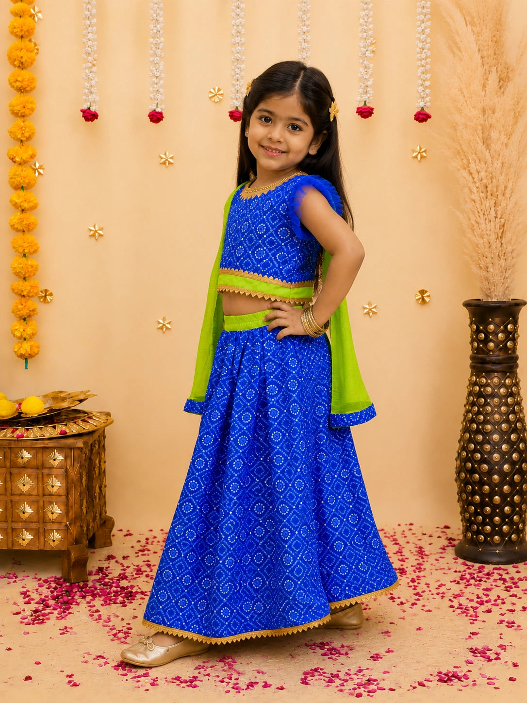 BownBee Bandhani Net pleated Sleeves Lehenga with Dupatta For Girls