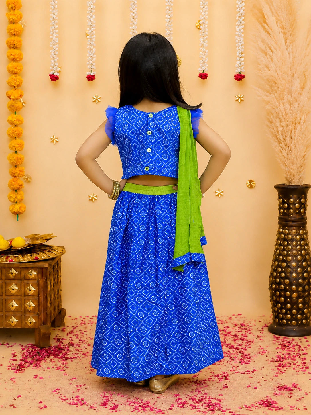 BownBee Bandhani Net pleated Sleeves Lehenga with Dupatta For Girls