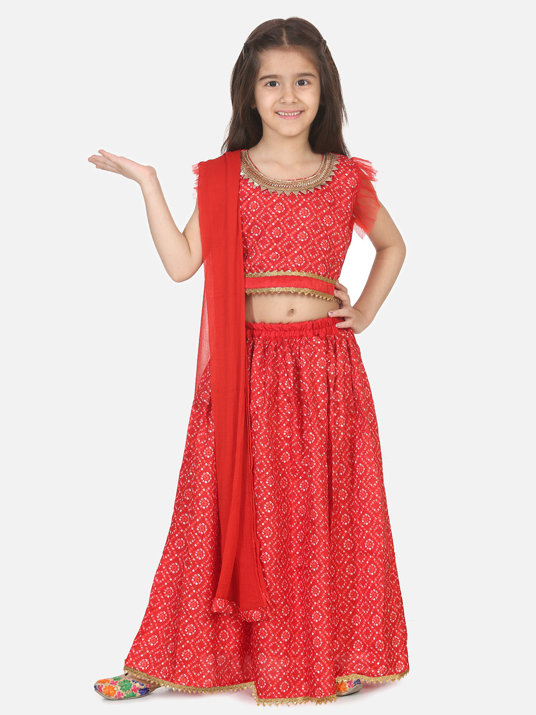 BownBee Bandhani Net pleated Sleeves Lehenga with Dupatta- Red