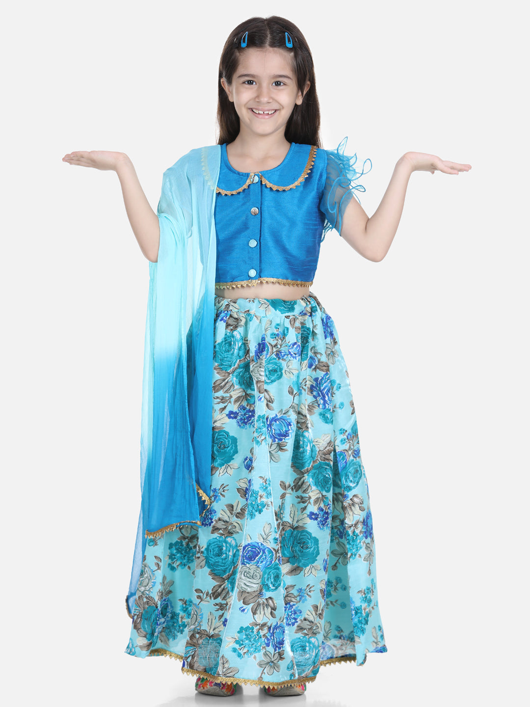 BownBee Ruffle Sleeve Floral Lehenga with Dupatta- Blue