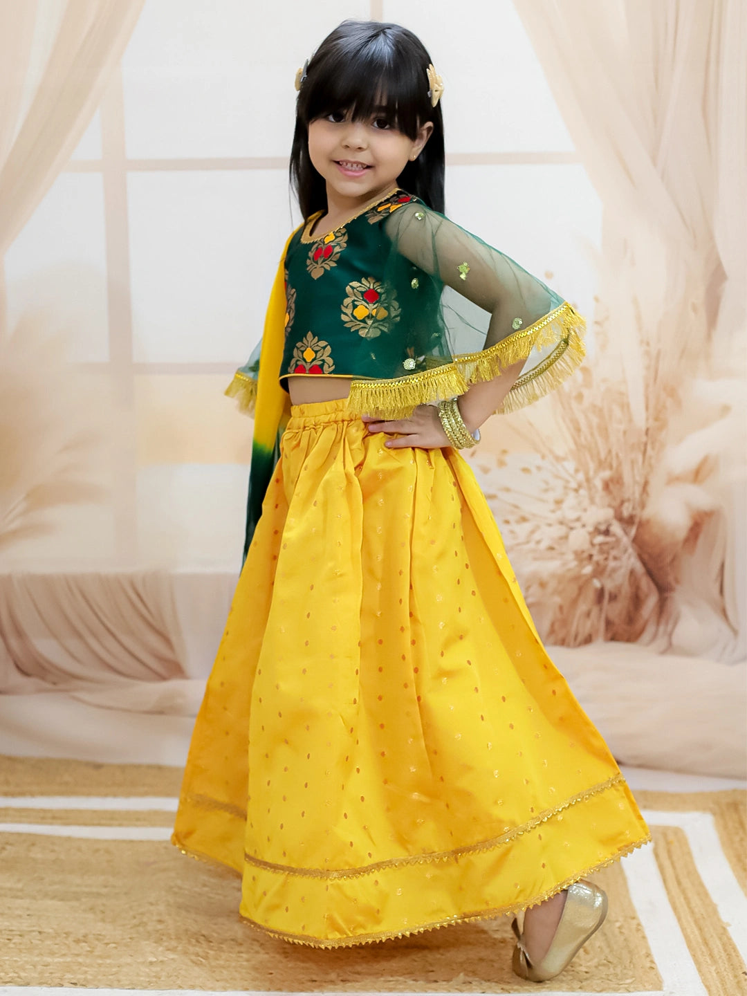 BownBee Jacquard Flared Sleeve Top with Silk Lehenga with Dupatta For Girls
