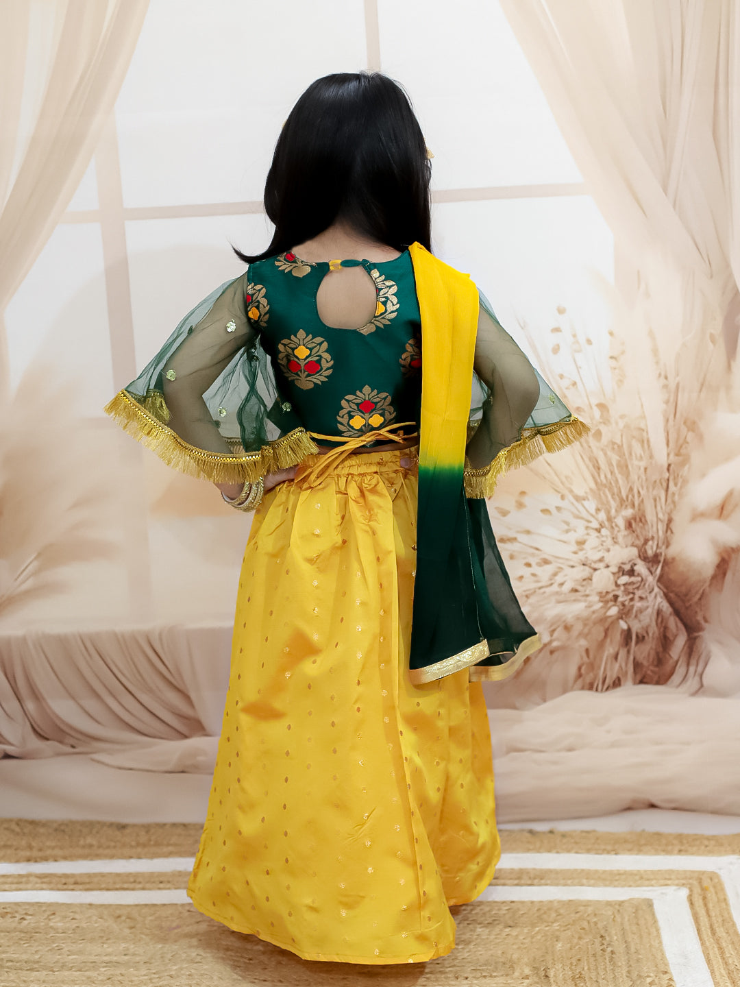 BownBee Jacquard Flared Sleeve Top with Silk Lehenga with Dupatta For Girls - Green