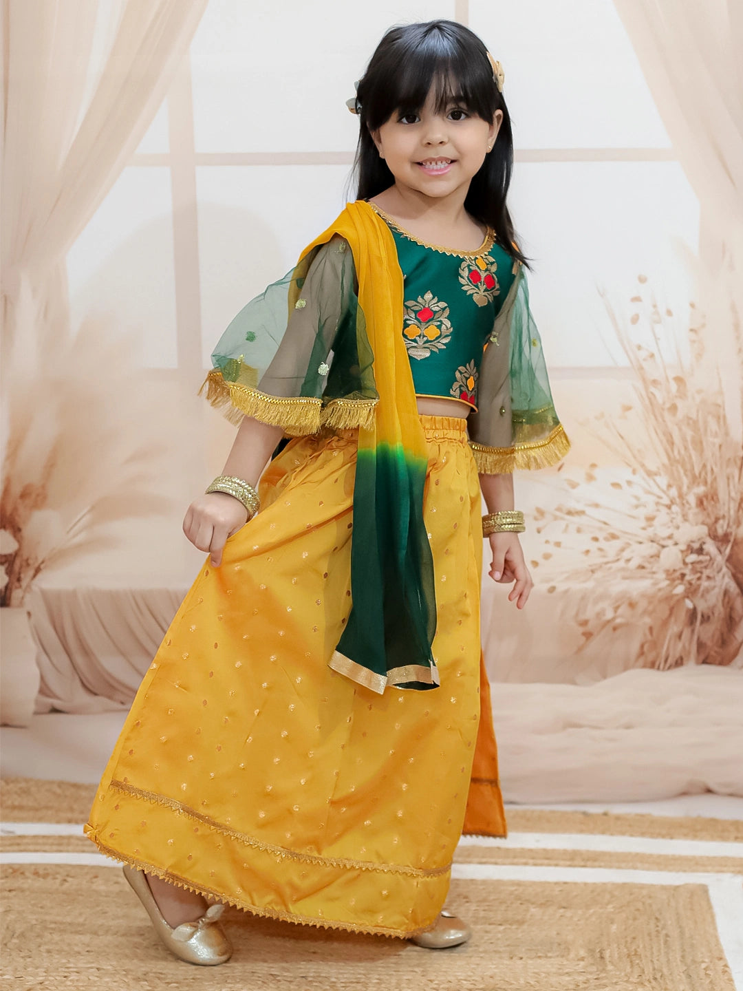 BownBee Jacquard Flared Sleeve Top with Silk Lehenga with Dupatta For Girls