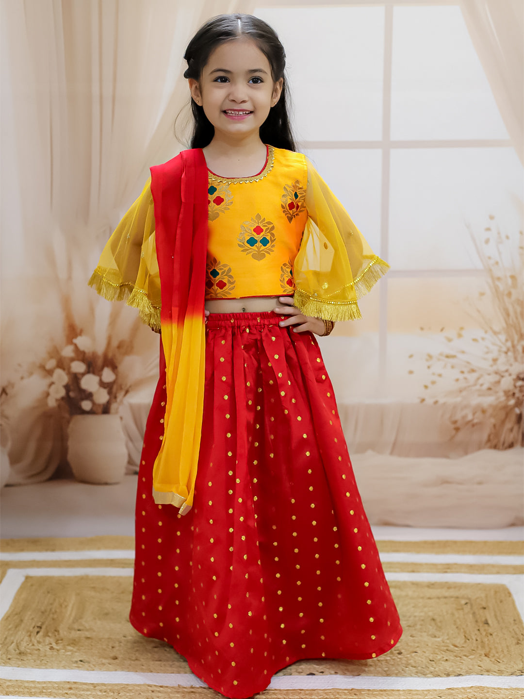 BownBee Jacquard Flared Sleeve Top with Silk Lehenga with Dupatta For Girls - Yellow