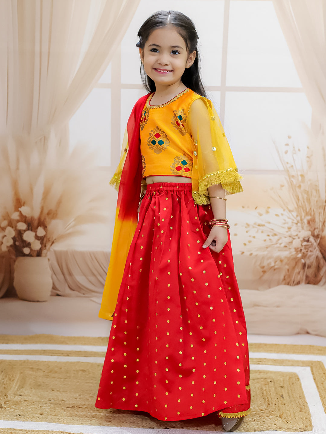 BownBee Jacquard Flared Sleeve Top with Silk Lehenga with Dupatta For Girls - Yellow