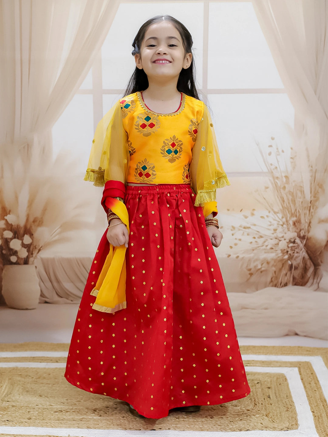 BownBee Jacquard Flared Sleeve Top with Silk Lehenga with Dupatta For Girls
