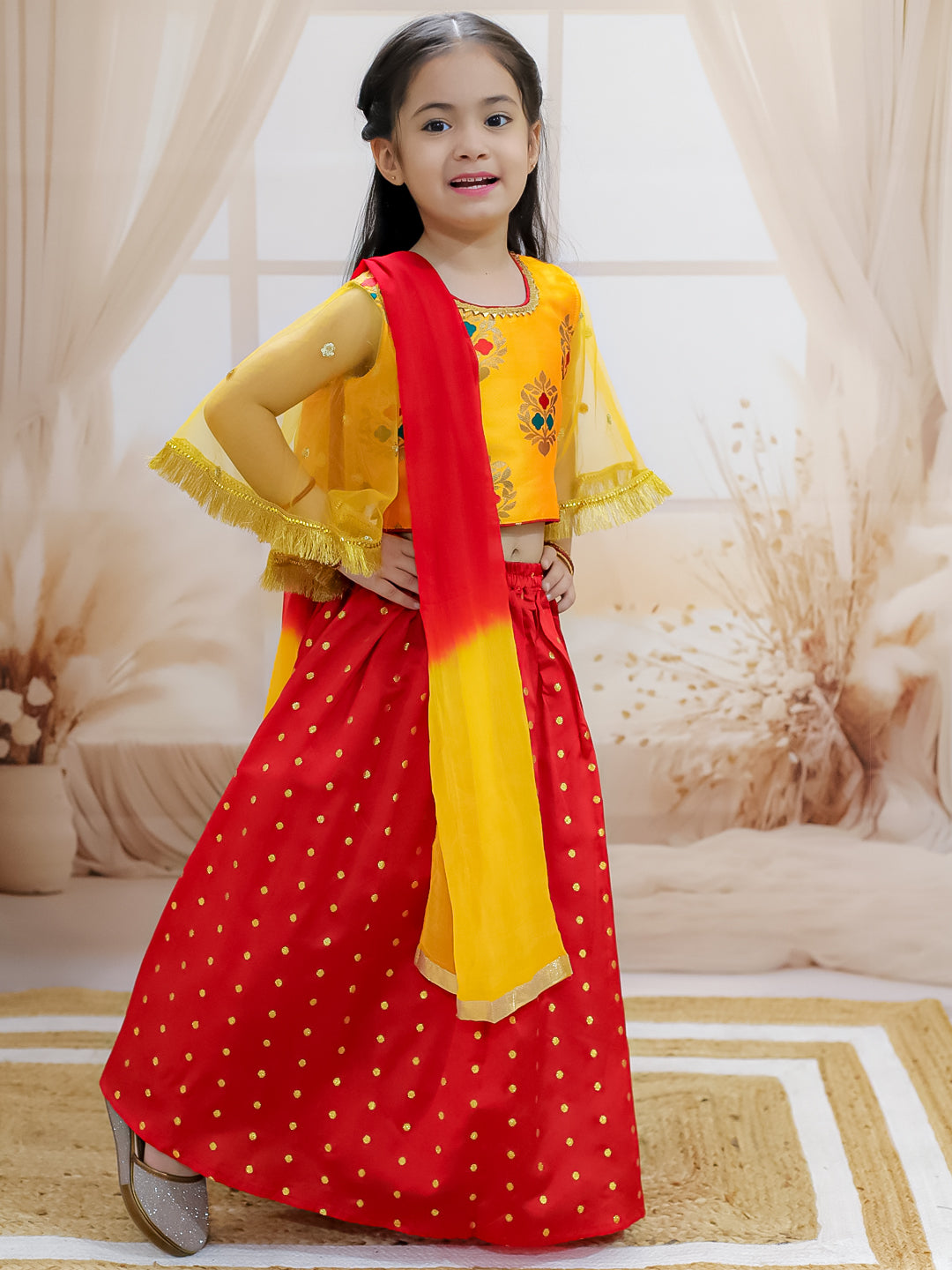 BownBee Jacquard Flared Sleeve Top with Silk Lehenga with Dupatta For Girls - Yellow