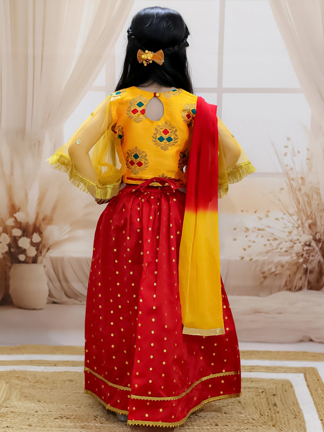 BownBee Jacquard Flared Sleeve Top with Silk Lehenga with Dupatta For Girls