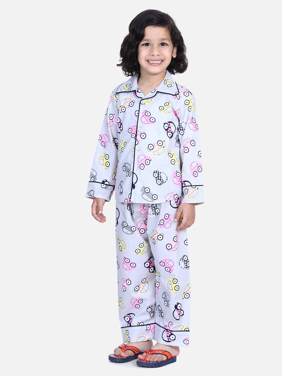 BownBee Full Sleeve Printed Boys Night Suit- Gray