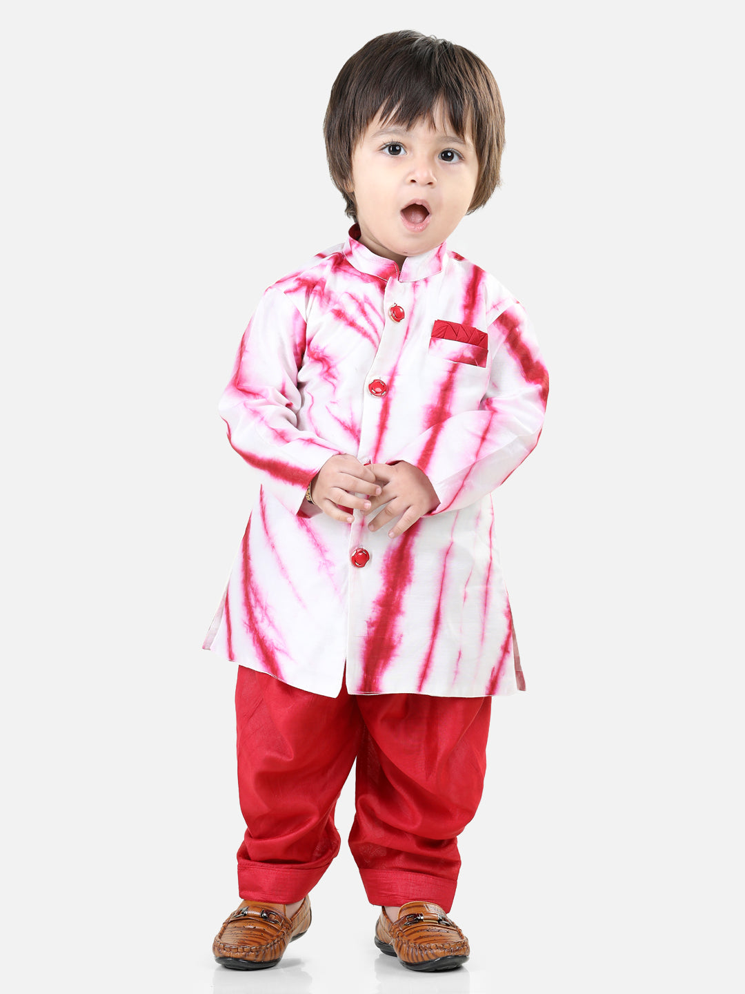 BownBee Sibling Hand Dyed Chanderi Silk Sherwani Salwar For Boys-Kurti Pant with Dupatta for Girls Red