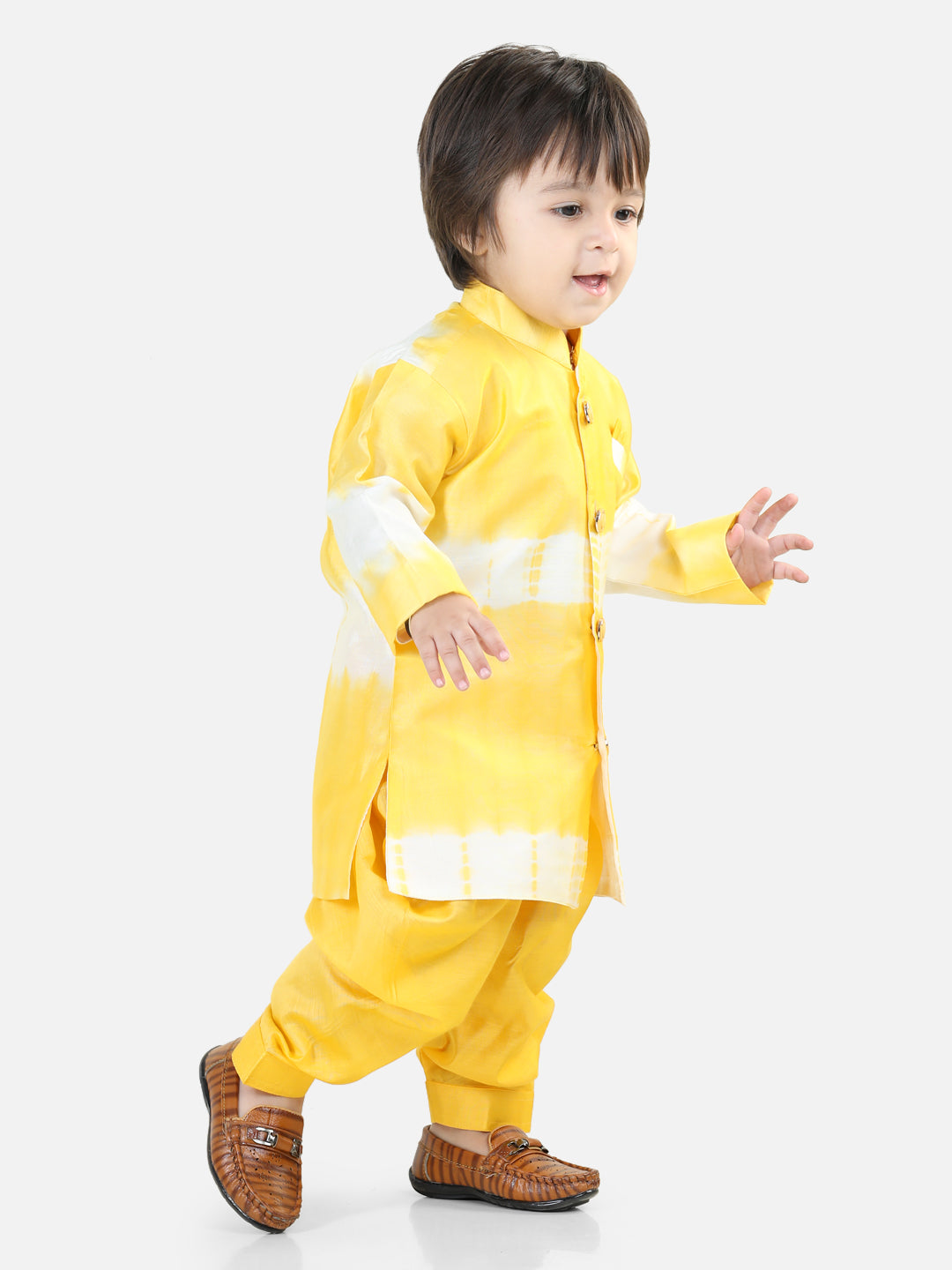 BownBee Sibling Hand Dyed Chanderi Silk Sherwani Salwar For Boys-Kurti Pant with Dupatta for Girls Yellow