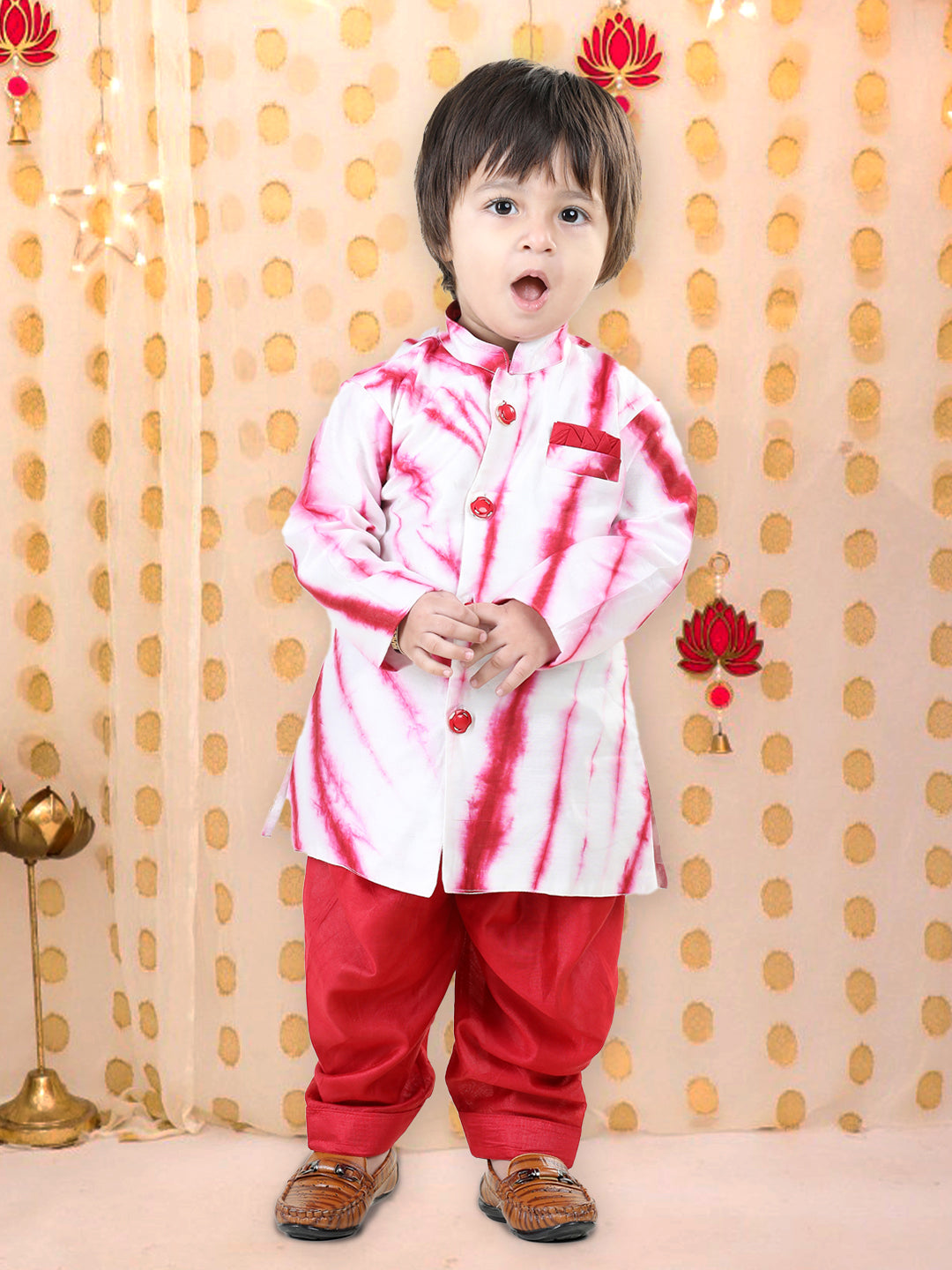 BownBee Hand Dyed Chanderi Silk Sherwani Salwar For Boys- Red