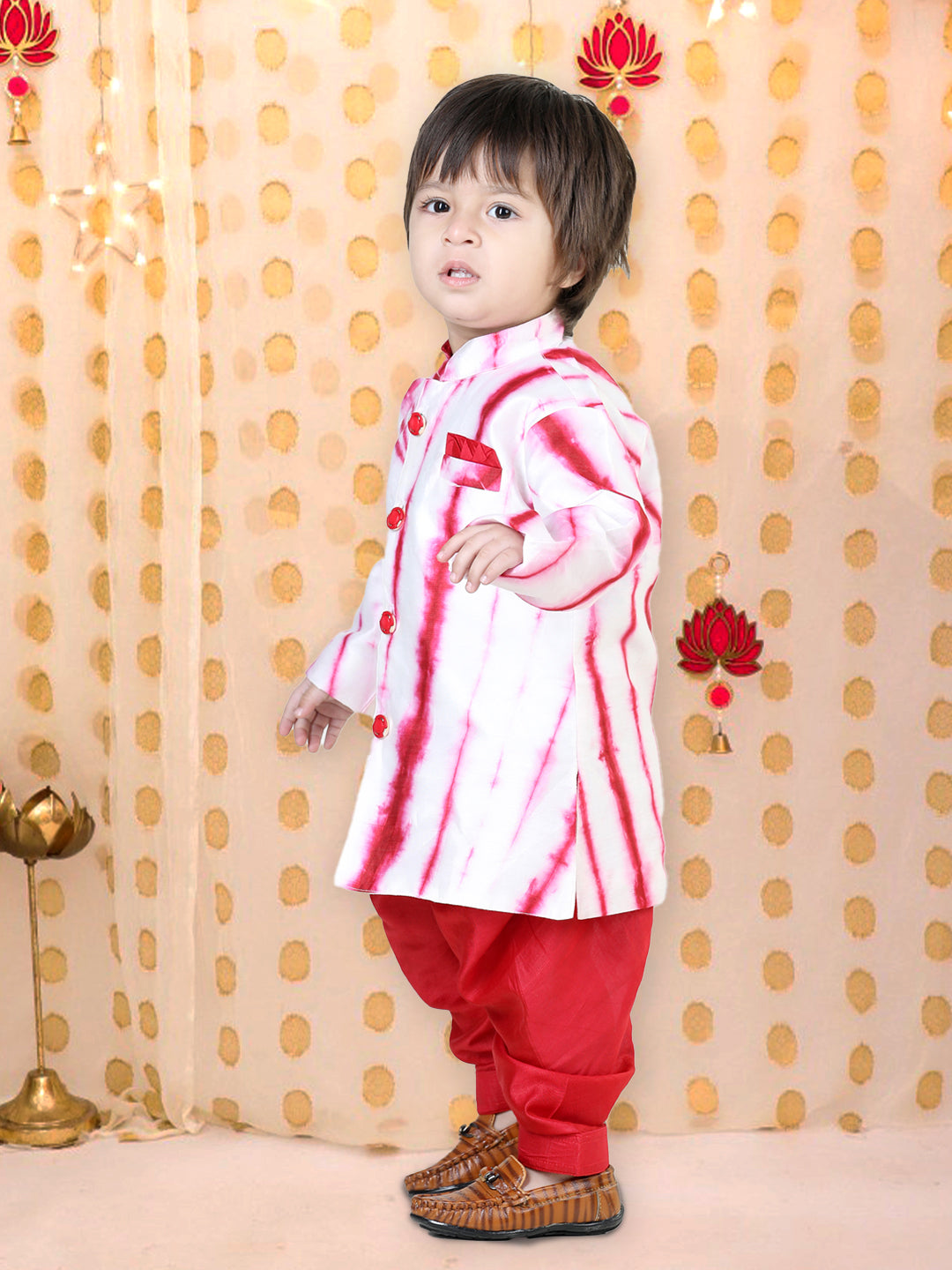 BownBee Hand Dyed Chanderi Silk Sherwani Salwar For Boys- Red