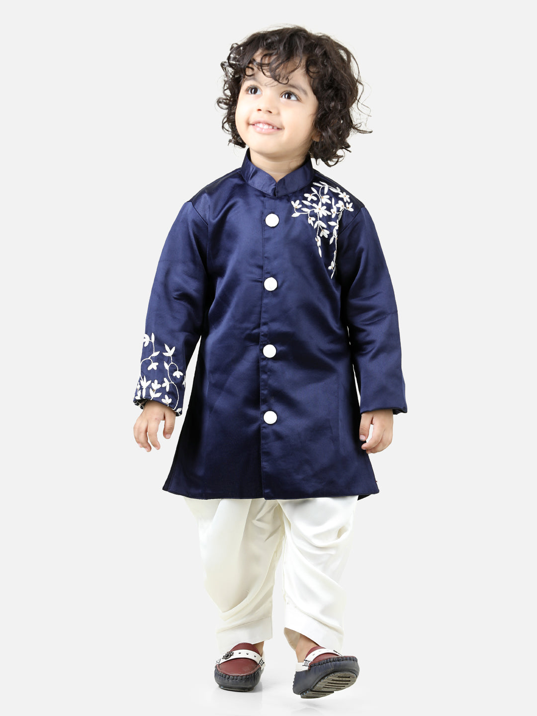 BownBee Hand Embroidered Jam Cotton Sherwani Salwar For Boys- Blue