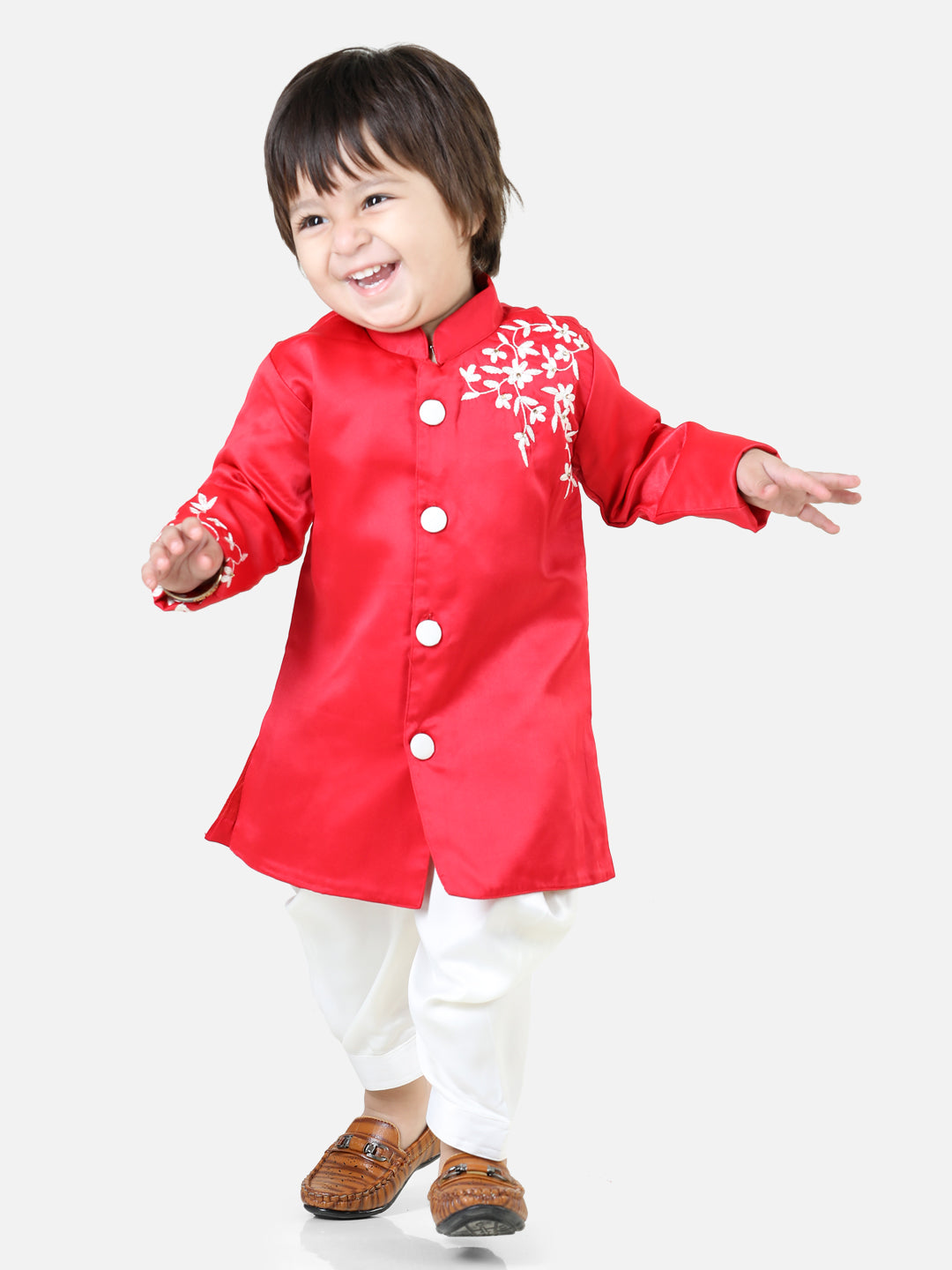 BownBee Sibling Set Hand Embroidered Jam Cotton Sherwani Salwar For Boys- Red with Sequin Net Lehenga with Ruffle Choli with Dupatta- Red