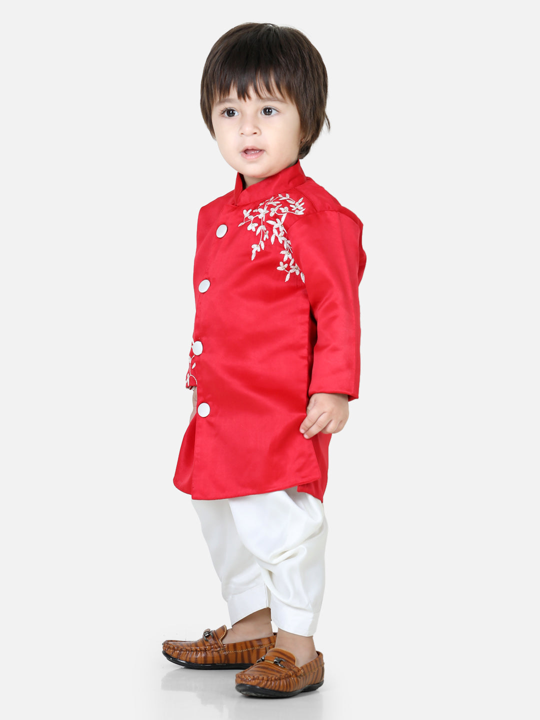 BownBee Sibling Set Hand Embroidered Jam Cotton Sherwani Salwar For Boys- Red with Sequin Net Lehenga with Ruffle Choli with Dupatta- Red