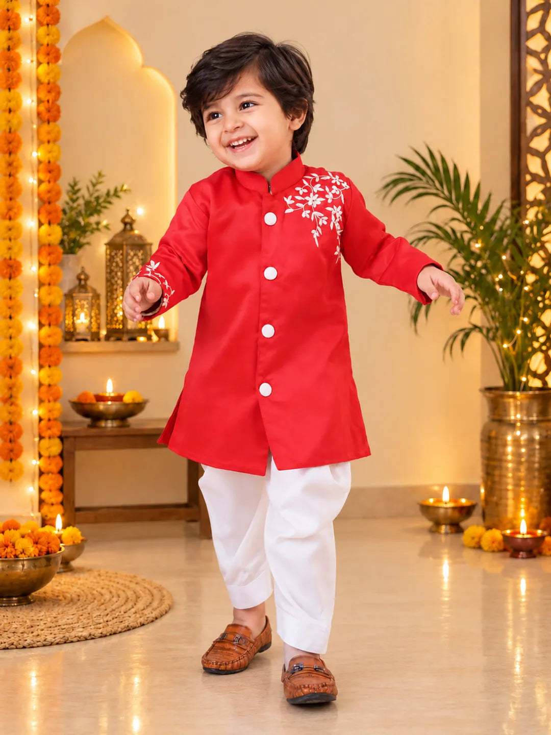 Bownbee Hand Embroidered Cotton Sherwani Salwar For Boys- Red