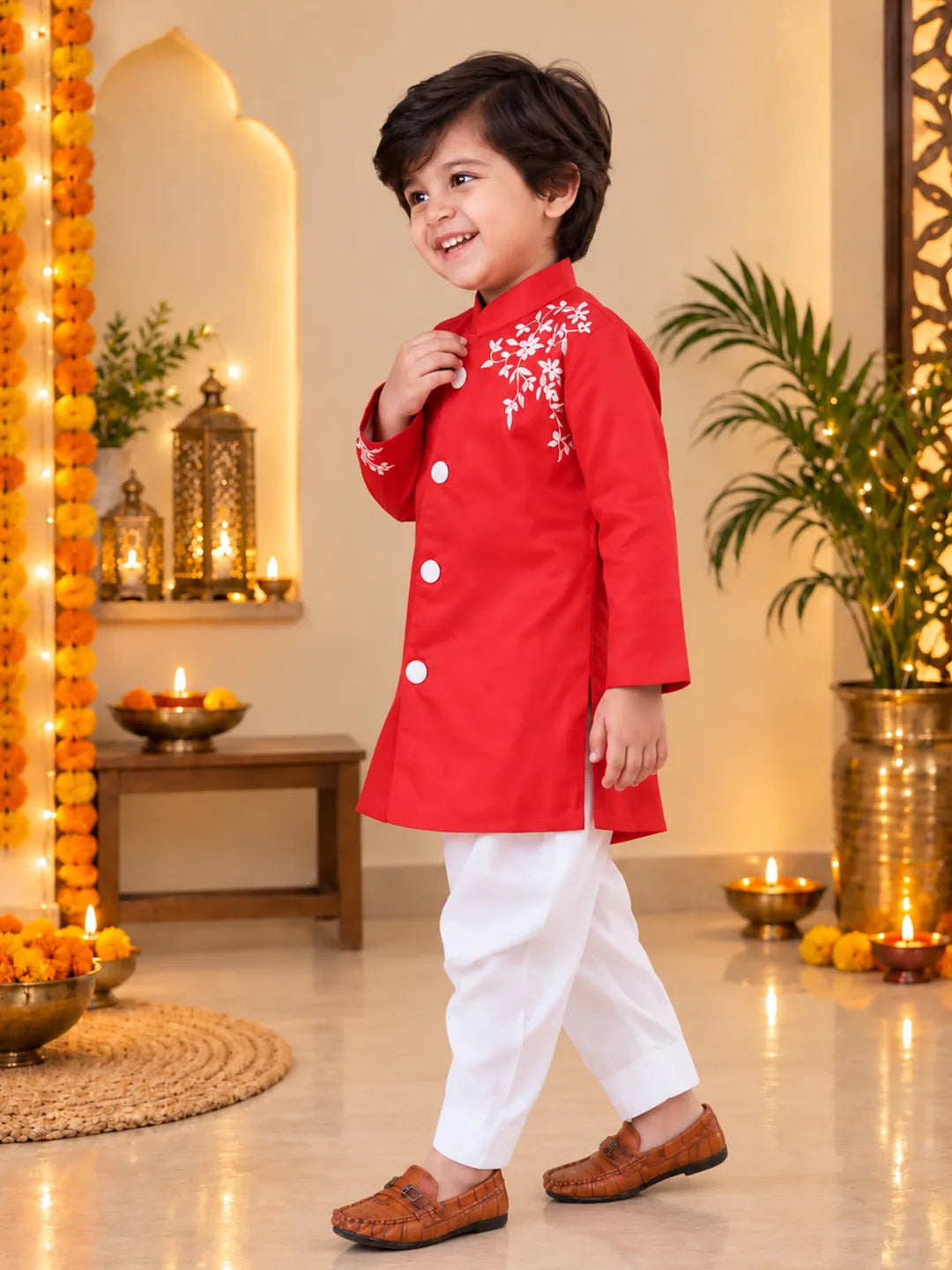 Bownbee Hand Embroidered Cotton Sherwani Salwar For Boys- Red