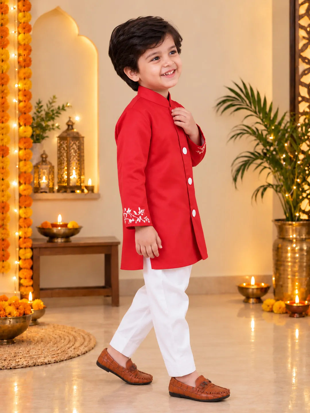 Bownbee Hand Embroidered Cotton Sherwani Salwar For Boys- Red