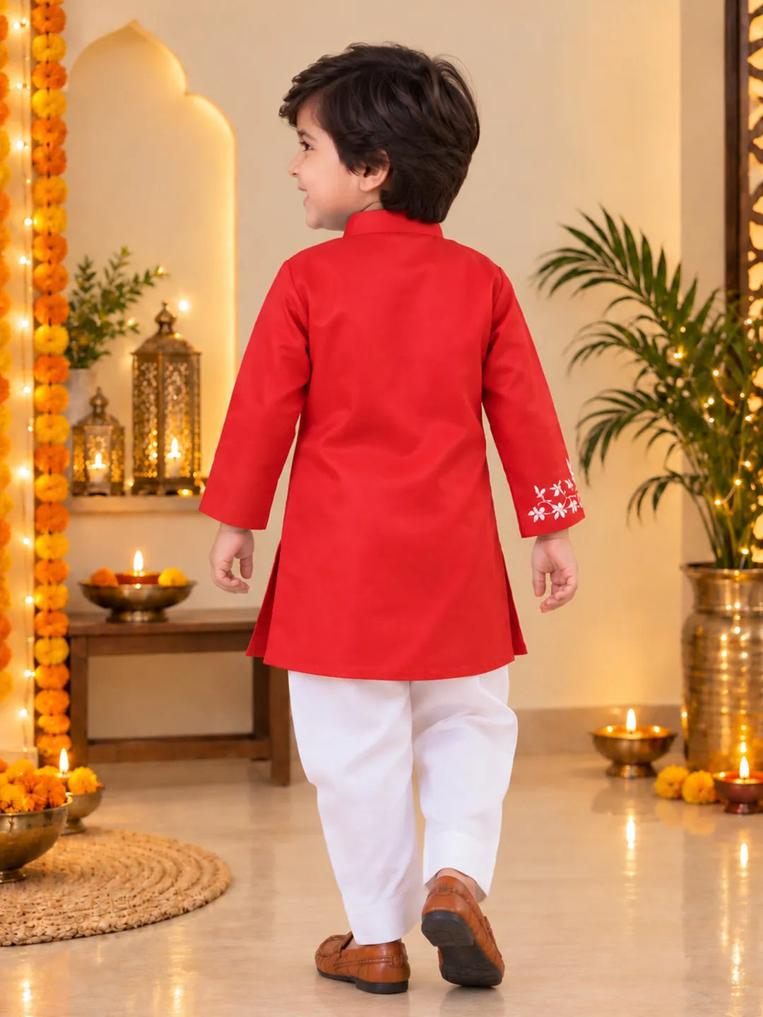 Bownbee Hand Embroidered Cotton Sherwani Salwar For Boys- Red