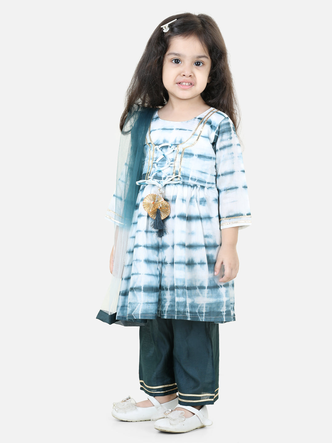 BownBee Hand Dyed Chanderi Silk Kurti Pant with Dupatta for Girls- Blue