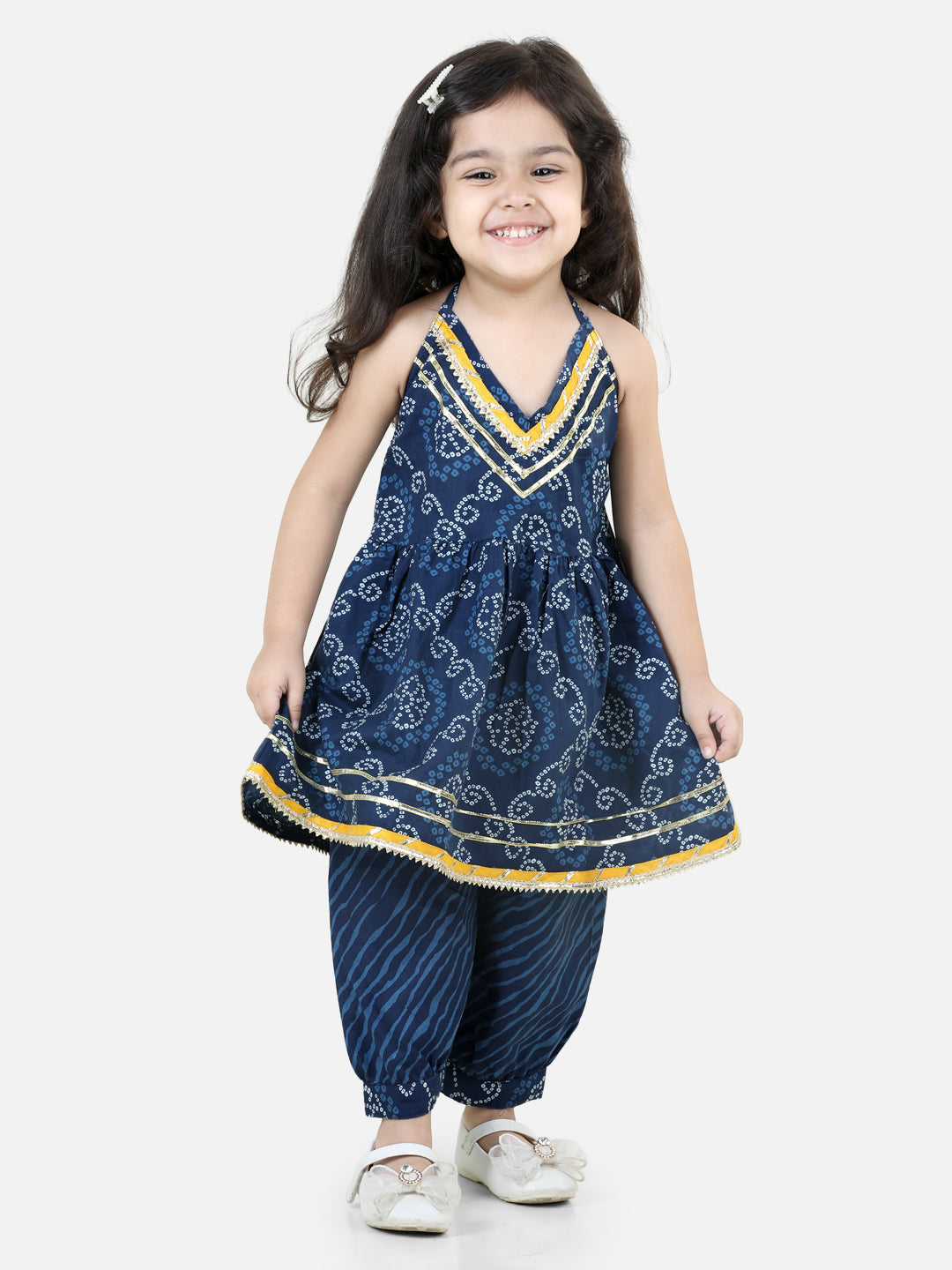 BownBee Pure Cotton Sibling set Kurta Pajama for Boys Halter Neck  Kurti with Harem Dhoti pant  for Girls- Blue