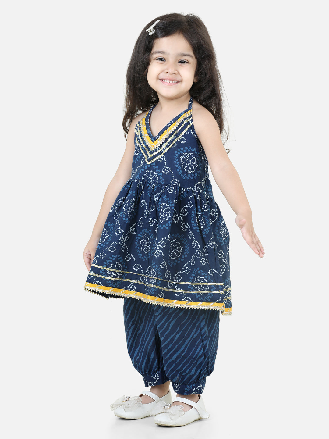 BownBee Halter Neck Pure Cotton Kurti with Harem for Girls- Blue