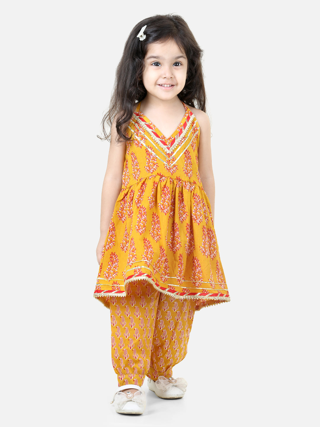 BownBee Pure Cotton Sibling set Kurta Pajama for Boys Halter Neck Kurti with Harem Dhoti pant  for Girls- Yellow