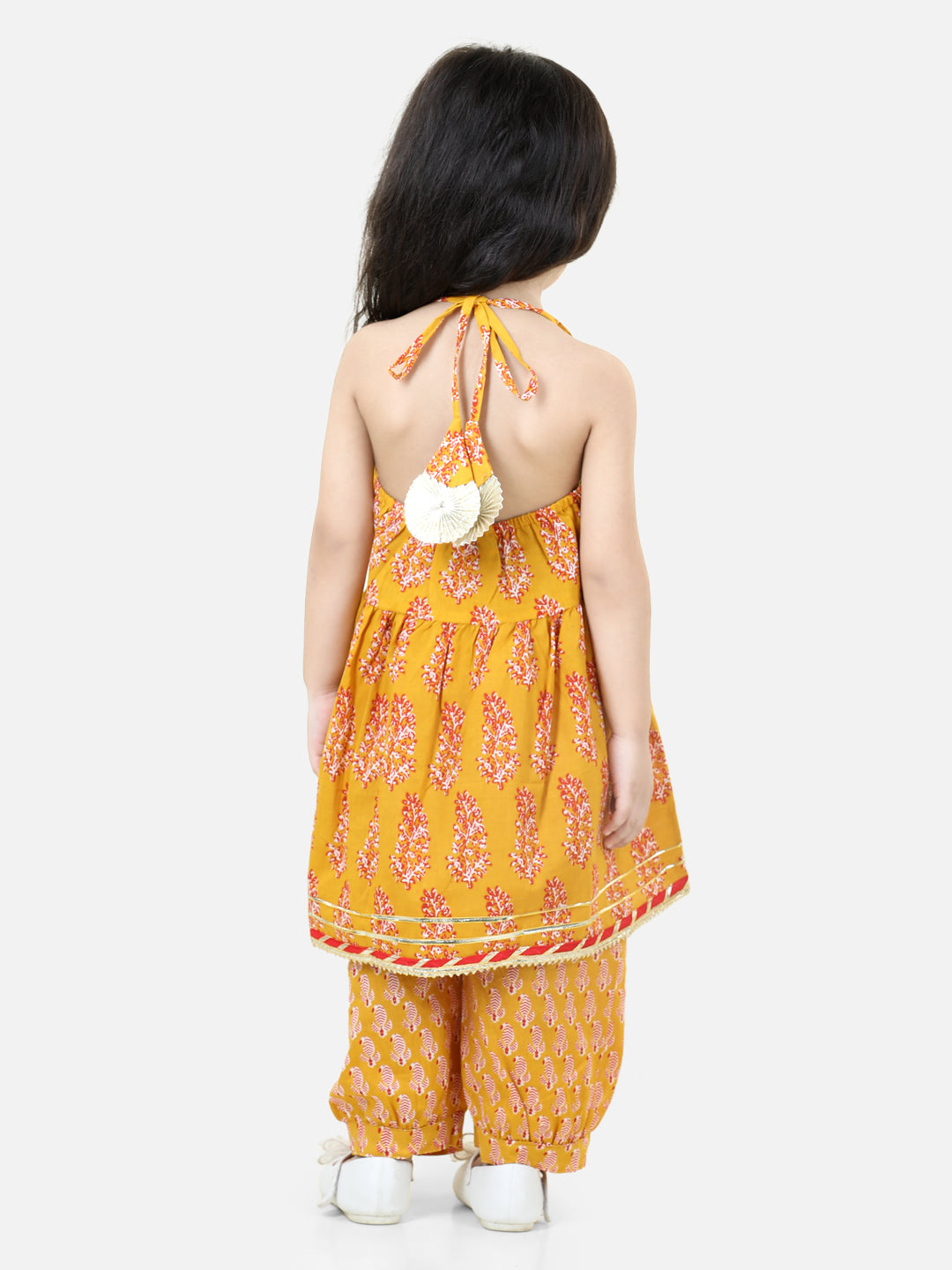 BownBee Halter Neck Pure Cotton Kurti with Harem for Girls- Yellow