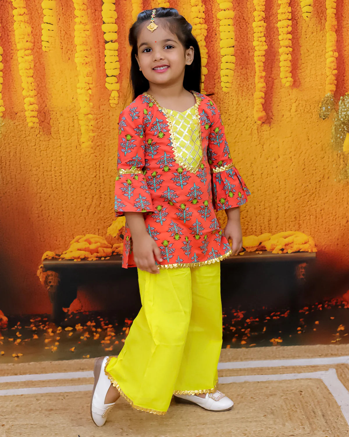 BownBee Hand Block Print Kurti Palazzo For Girls
