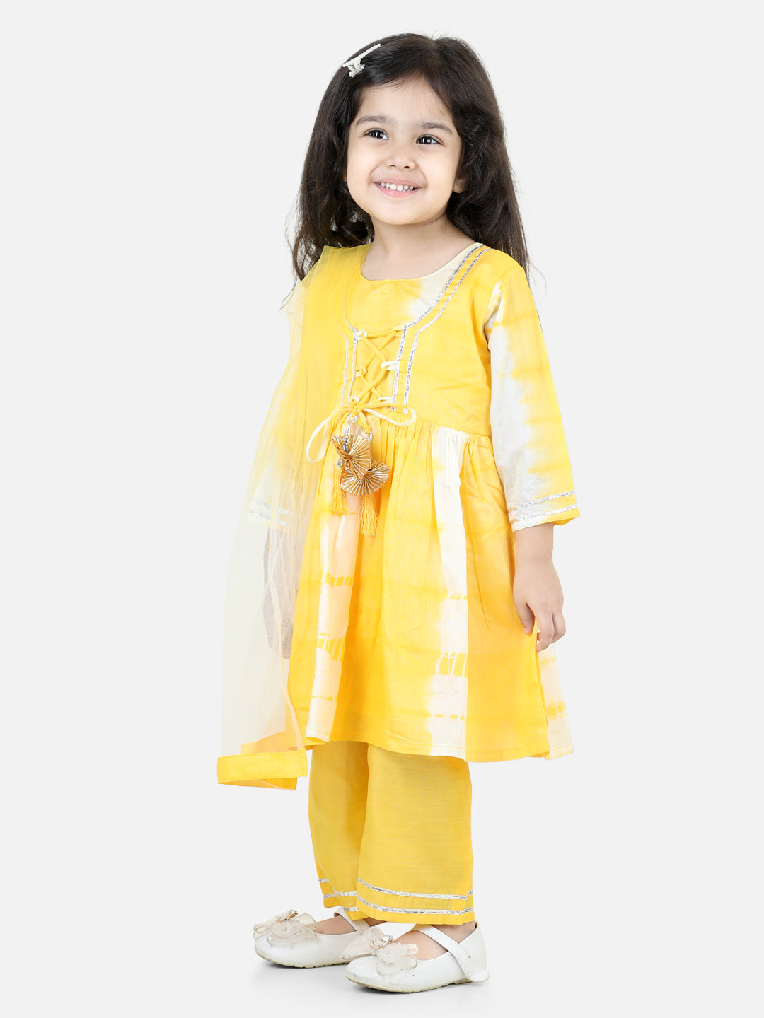 BownBee Sibling Hand Dyed Chanderi Silk Sherwani Salwar For Boys-Kurti Pant with Dupatta for Girls Yellow