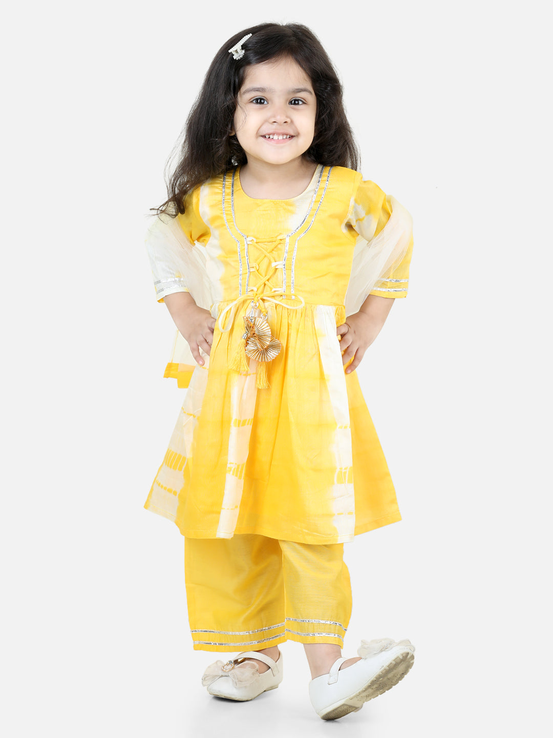 BownBee Sibling Hand Dyed Chanderi Silk Sherwani Salwar For Boys-Kurti Pant with Dupatta for Girls Yellow